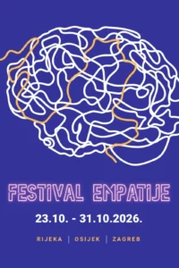 Vizual Festivala empatije 2026. s mozgom nacrtanim bijelim i žutim linijama na ljubičastoj podlozi te datumima festivala.