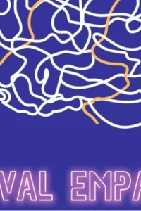 Vizual Festivala empatije s crtežom mozga bijelim i žutim linijama te svjetlećim natpisom na ljubičastoj podlozi.