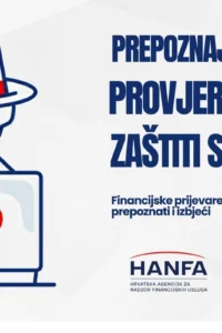 Ilustracija osobe sa šeširom iza računala s crvenim lisicama, uz poruku Prepoznaj, provjeri, zaštiti se i logotip Hanfe.