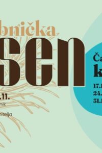 Grobnik Autumn graphic with large brown lettering and a leaf illustration on a pale green background, beside a turquoise circle listing the Čavjanski kalići walks.