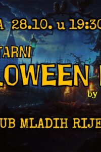 Plakat humanitarnog Halloween kviza Vanje Paulića s ilustracijom mračne šume, sablasnih kuća i osvijetljene izrezbarene bundeve.
