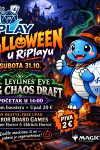 Plakat Halloweena u RiPlayu s plavim zmajem u vještičjem šeširu, velikom igraćom kockom, bundevama i kutijama horor društvenih igara.