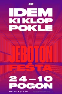 Ljubičasto-crveni plakat JeboTon fešte s geometrijskim uzorkom i velikim bijelim imenima IDEM, Ki Klop i Pokle.