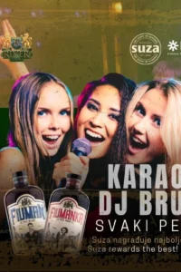 Poster for karaoke with DJ Bruno featuring three women singing into a microphone, bottles of spirits, and Croatian text meaning “Every Friday.”