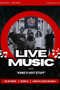 King’s Hot Stuff concert poster featuring a black-and-white photo of the five-piece band inside a red circle with the words Live Music.