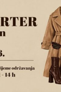 Beige poster for the Kont-a-Porter fall flea market featuring a collage of a trench coat, burgundy sweater, pants, boots, and fashion accessories.