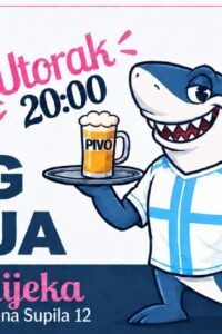 Plakat kviza općeg znanja u RiverPubu s ilustracijom morskog psa koji drži pladanj s pivom te plavim i ružičastim natpisima.
