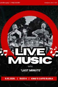 Red and black Last Minute concert poster featuring a black-and-white photograph of two musicians with acoustic guitars and the words “Live Music.”