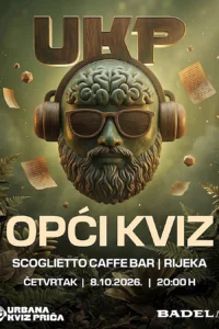 Poster for the general knowledge quiz at Scoglietto Bar, featuring an illustrated bearded head with sunglasses, headphones and an exposed brain against a green background.