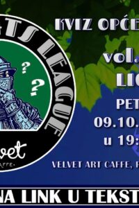 Quiz (K)nights League logo with an armored knight and question marks and the Velvet Art Caffe sign, alongside details of quiz vol. 18 on a leafy background