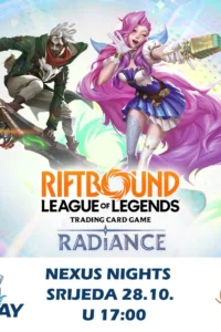 Plakat Riftbound Nexus Nightsa s ilustracijama likova iz igre League of Legends, oznakom Radiance i logotipom RiPlaya.