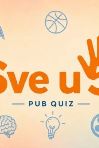 Orange Sve u 5 logo with a hand rising above the number 5 and the words Pub Quiz, surrounded by blue line drawings of a globe, a fountain pen, a basketball, glasses, a question mark, a perfume bottle, a bicycle, a brain, a light bulb, a film reel and a female figure