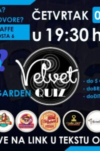 Dark Velvet Open Air Garden Quiz poster with blue lettering, question marks, a photograph of the garden entrance and sponsor logos.